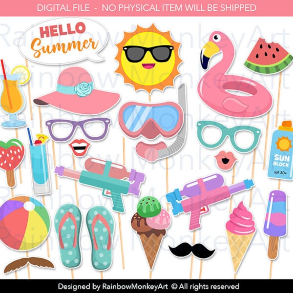 Printable Summer Time Party Photo Booth Props - Pastel Summer Party Photobooth Props - Beach Party Printable Props - Pool Party Props