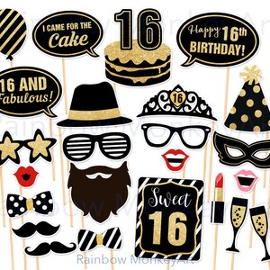 Accesorios para fotomatón de quinceañera: negro y dorado (descarga digital)