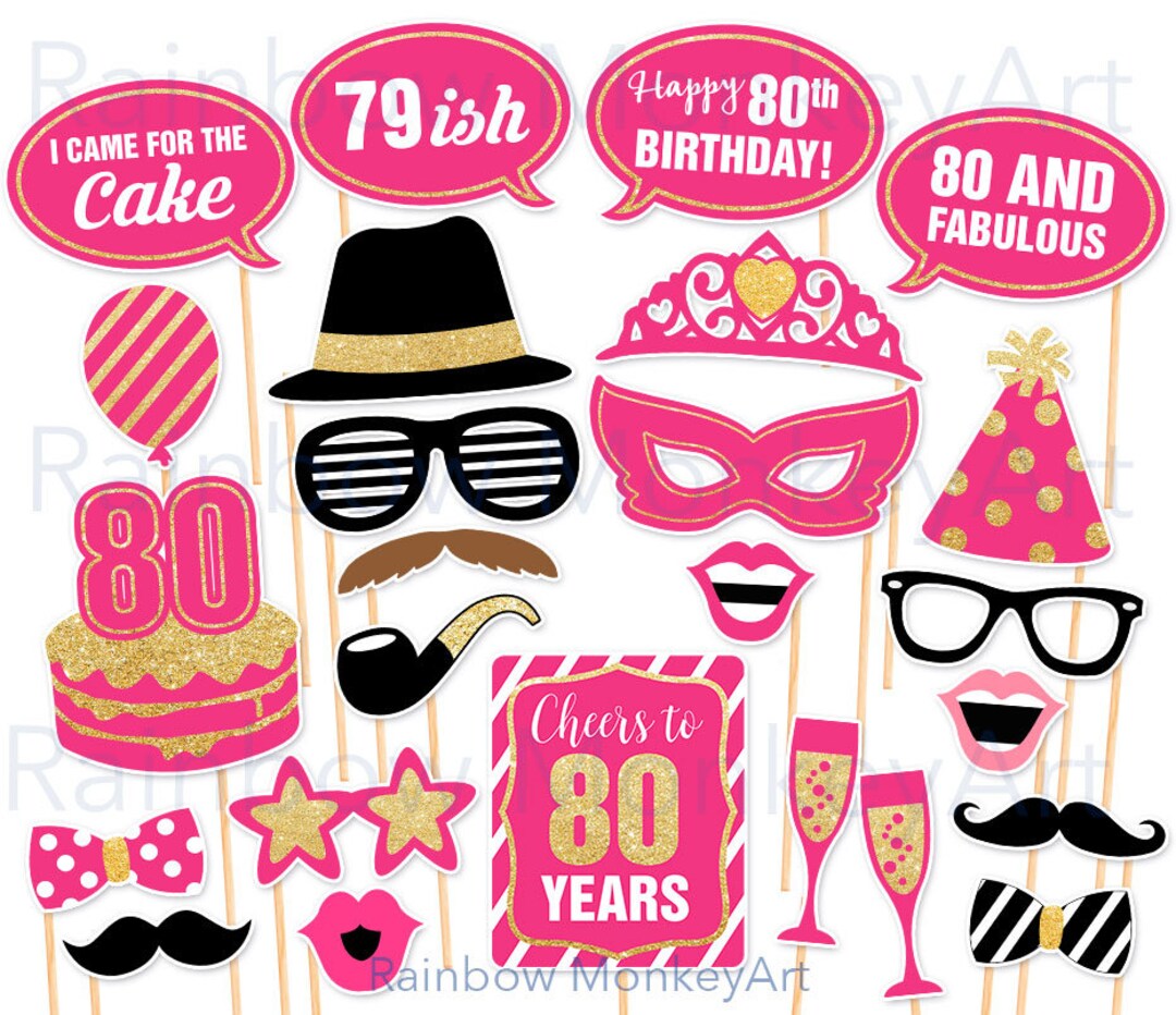 80th Birthday Party Printable Photo Booth Props - Pink and Gold ...