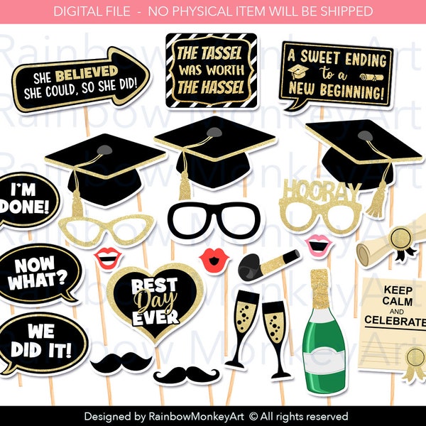 Printable Graduation Photo Booth Props - Graduation Black Gold Photobooth Props - Graduation Printable Props Graduation Class of 2024 Party