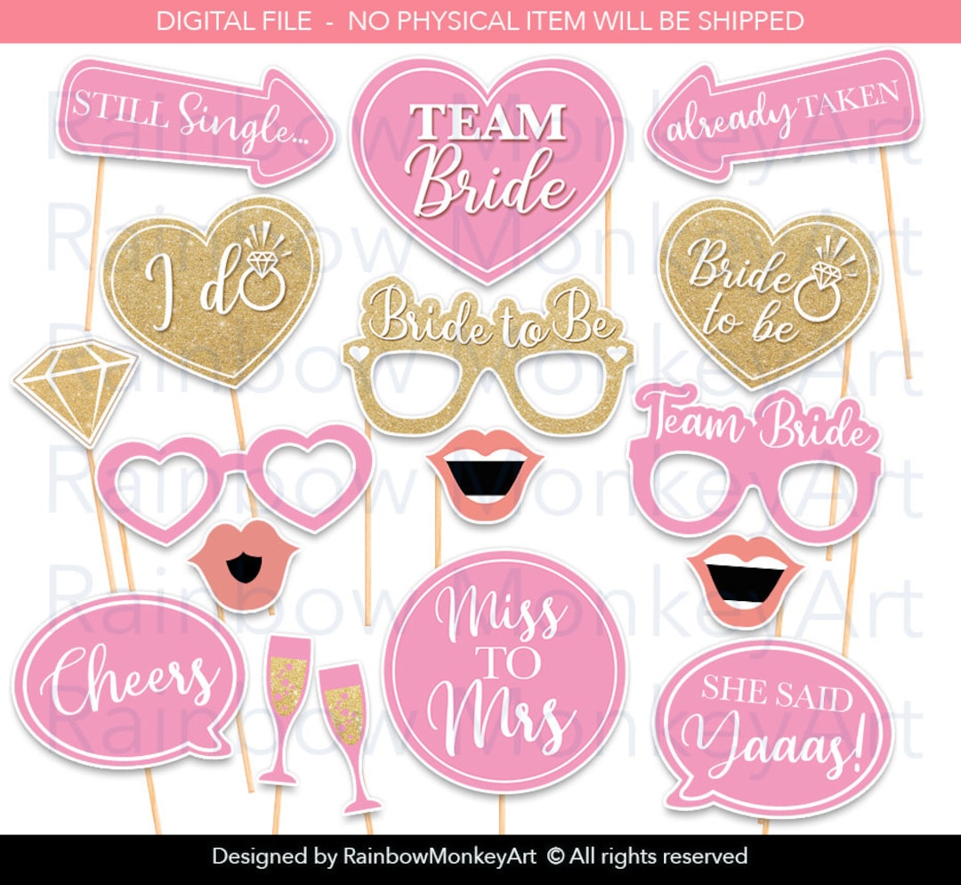 Printable Bridal Shower Photo Booth Props - Blush Gold Hen Party ...
