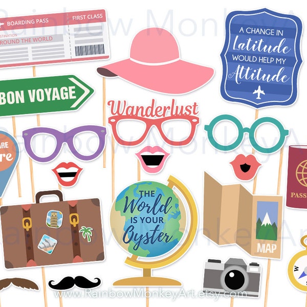 Printable Travel Party Photo Booth Props - Farewell Photobooth Props - Bon Voyage Printable Props - Travel Props