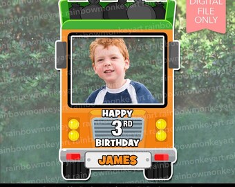 May include: A digital garbage truck photo frame featuring an orange truck body with a green top, yellow headlights, and black tires. The center displays a photo of a child. Text reads HAPPY 3RD BIRTHDAY and JAMES. A pink tag says DIGITAL FILE ONLY.