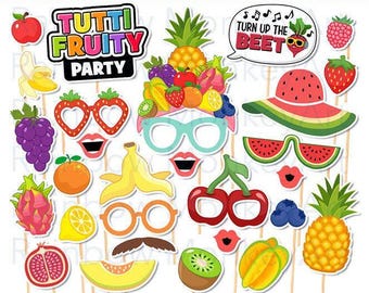 May include: A collection of digital party photo booth props featuring colorful fruit illustrations, including a pineapple, strawberry, banana, watermelon, and cherry designs, with text reading Tutti Fruity Party and Turn Up The Beet.