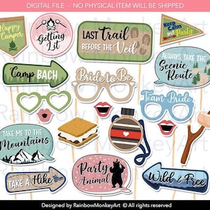 Printable Camping Bridal Shower Photo Booth Props, Bachelorette Party - Letter and A4 Digital File