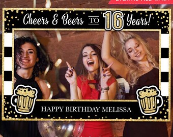 Cheers and Beers Birthday Photo Booth Frame: Black Gold Glitter (Digital  Download)