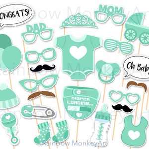 Mint Baby Shower Photo Booth Props: 25 Piece Set (Digital Download)