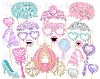 May include: A collection of princess-themed photo booth props including tiaras, heart-shaped glasses, a carriage, wands, a glass slipper, and speech bubbles with text reading Happily Ever After and It's A Princess Party on wooden sticks.