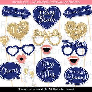 Printable Bridal Shower Photo Booth Props - Gold Navy Hen Party Photobooth Props - Wedding Party Photo Booth Props Bachelorette Party Props