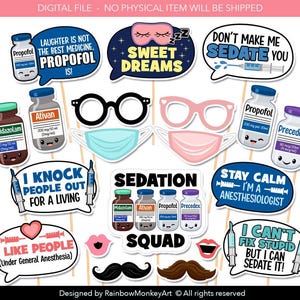 A collection of funny anesthesiology photo booth props on sticks, featuring anesthesia medication vials like Propofol, Ativan, and Midazolam, plus face masks, medical glasses, mustaches, and humorous pun speech bubbles like 'Sedation Squad.' Perfect for doctor and nurse retirement parties.
