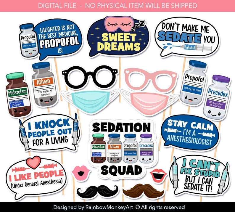 A collection of funny anesthesiology photo booth props on sticks, featuring anesthesia medication vials like Propofol, Ativan, and Midazolam, plus face masks, medical glasses, mustaches, and humorous pun speech bubbles like 'Sedation Squad.' Perfect for doctor and nurse retirement parties.