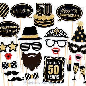 Accesorios para fotomatón imprimibles para fiesta de 50 aniversario, Accesorios para fiesta de aniversario de oro, Accesorios para fotomatón de 50 aniversario