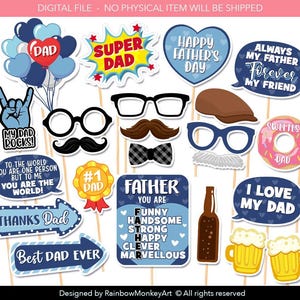 May include: A collection of Father's Day photo booth props featuring various designs including blue heart balloons, a Super Dad sign, glasses, mustaches, a bow tie, a brown cap, a beer bottle, beer mugs, and speech bubbles with text like My Dad Rocks.