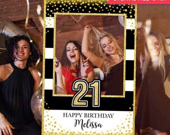 21st Birthday Party Printable Birthday Photo Booth Frame - Black Gold Glitter Photo Booth Frame - Gold Confetti Photo Prop Frame