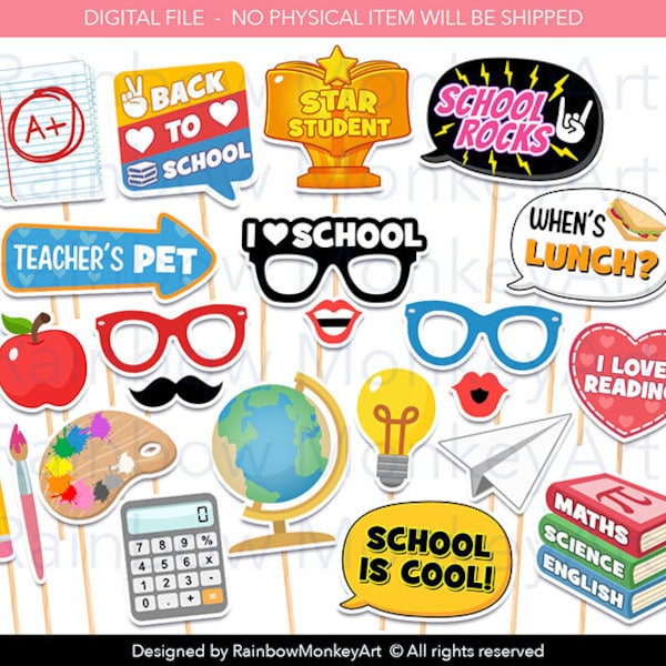 Printable Back to School Photo Booth Props - I Love School Photobooth Props - School Printable Props - World Book Day - Back to School