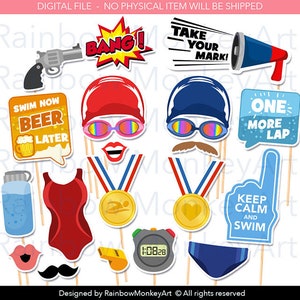 May include: A set of 14 printable photo booth props for a swimming party. The props include a swimmer's cap, goggles, a medal, a whistle, a swimsuit, a water bottle, a moustache, lips, a megaphone, a speech bubble with the text "Take your mark!" and a speech bubble with the text "One more lap!"