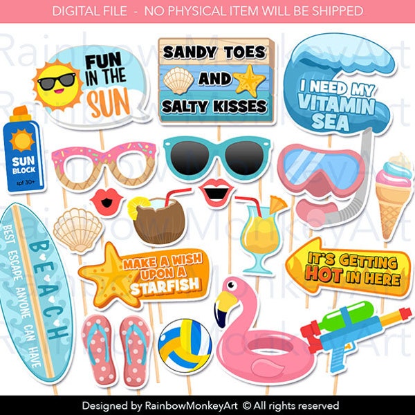 Printable Beach Party Photo Booth Props - Beach Summer Party Photobooth Props - Beach Party Printable Props - Pool Party Props