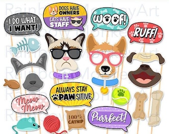 Accesorios imprimibles para fotomatón con diseño de gatos y perros / Juego de accesorios para fiestas (archivo digital)