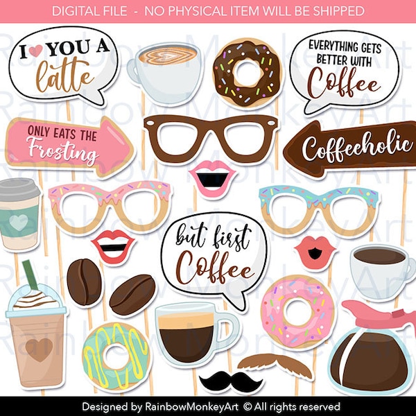 Printable Coffee and Doughnut Photo Booth Props - Coffee and Doughnuts Photobooth Props - Sweet Treats Printable Props - Coffee Props