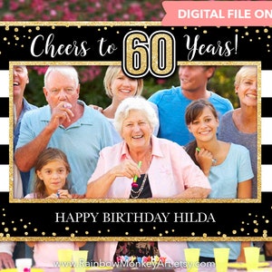 60th Birthday Party Printable Birthday Photo Booth Frame - Black Gold Glitter Photo Booth Frame - Gold Confetti Photo Prop Frame