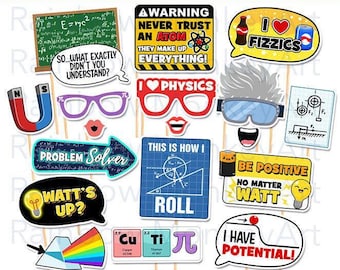 May include: A collection of science-themed photo booth props featuring various shapes and designs. Items include a green chalkboard, a horseshoe magnet, purple glasses, red glasses, a battery, light bulbs, and speech bubbles with physics-related text.