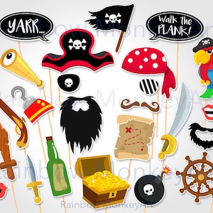 May include: A set of 16 pirate-themed photo booth props. The props include a pirate hat, an eye patch, a parrot, a treasure chest, a sword, a bottle of rum, a treasure map, a bomb, a steering wheel, a mustache, a beard, a hook, a pistol, a telescope, a red lips, and two signs that say "Yarr!" and "Walk the Plank!"