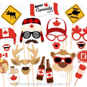 Può includere: Un set di 12 accessori per foto booth a tema canadese. Gli accessori includono un alce, un castoro, una foglia d'acero, una bandiera canadese, un paio di occhiali, un baffo, una pila di pancake, una bottiglia di sciroppo d'acero, un paio di corna, un castoro, un fumetto con la parola "Eh?" e uno striscione che dice "Happy Canada Day".