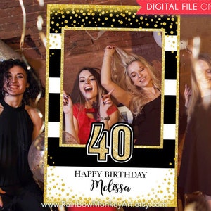 40th Birthday Party Printable Birthday Photo Booth Frame - Black Gold Glitter Photo Booth Frame - Gold Confetti Photo Prop Frame