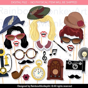Printable 30s and 40s Photo Booth Props - 30&#39;s style Photobooth Props - 40s Printable Props - Retro Photo Booth Party Props