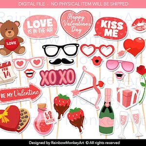 Valentine&#39;s Day Photo Booth Props: 24 Printable Party Decorations (Digital Download)