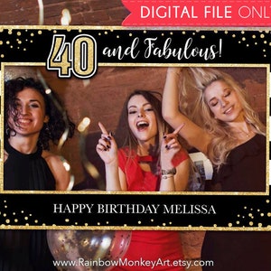 40th Birthday Party Printable Birthday Photo Booth Frame - Black Gold Glitter Photo Booth Frame - Gold Confetti Photo Prop Frame