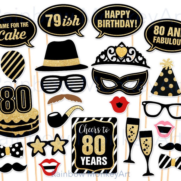 Printable Birthday Prop - 80th Birthday Party Printable Photo Booth Props - Black and Gold - Fabulous 80 Birthday Party Photobooth Props