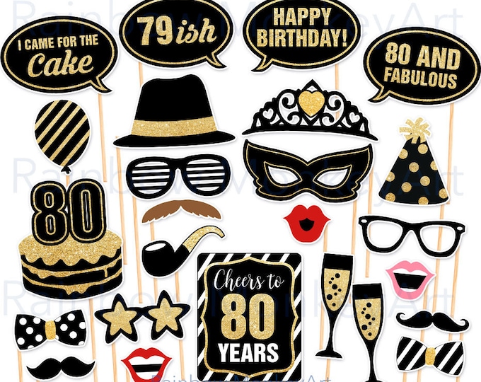80th Birthday Printable Photo Booth Props Rose Gold Black and White 10 ...