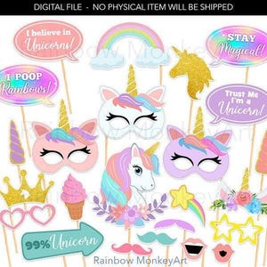 May include: A collection of unicorn-themed photo booth props on sticks, including masks, speech bubbles with text like I believe in Unicorns, Stay Magical, Trust Me I'm a Unicorn, and 99% Unicorn, a rainbow, a gold crown, and various colourful icons.