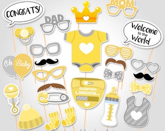 Yellow Baby Shower Photo Booth Props: 25 Piece Set (Digital Download)
