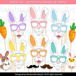 May include: A set of printable props featuring five white rabbit faces with colorful ears and matching glasses, two orange carrots, a brown rabbit, a yellow chick, and two mustaches. The design includes text at the top and bottom.
