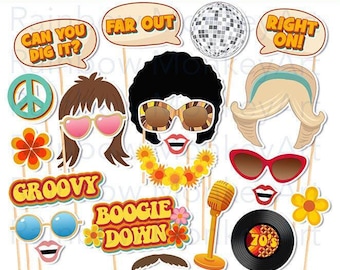 Printable 70s Photo Booth Props, Retro Party Decor | Letter and A4 Digital File