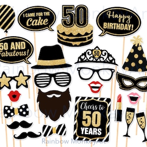 Printable Birthday Prop - 50th Birthday Party Printable Photo Booth Props - Black and Gold - Fiftieth Birthday Party Photobooth Props