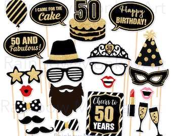50th Birthday Photo Booth Props: Black and Gold Party Decorations (PDF)