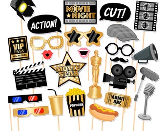 Movie Night Photo Booth Props: Black and Gold Hollywood Party (Digital Download)