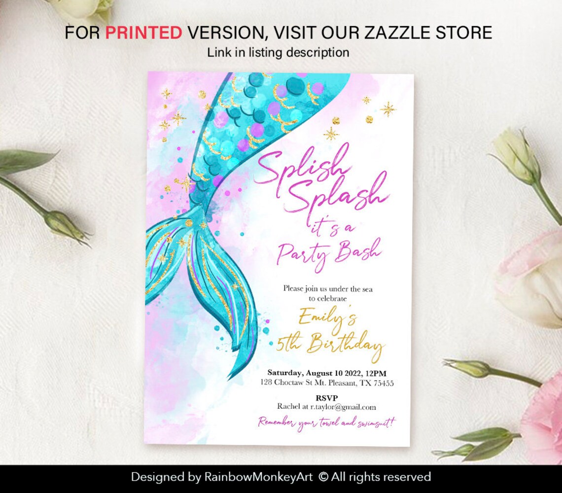 Printable Mermaid Birthday Party Invitation Personalised - Etsy