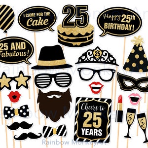 25th Birthday Photo Booth Props: Black and Gold Party Decorations (Digital Download)
