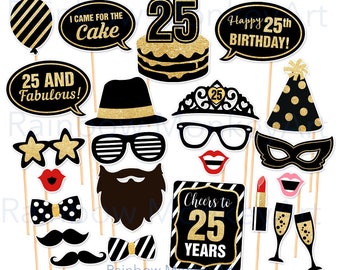 Accesorio de cumpleaños imprimible - Accesorios de fotomatón imprimibles para fiesta de cumpleaños número 25 - Accesorios negros y dorados - Accesorios de fotomatón para fiesta de cumpleaños número 25