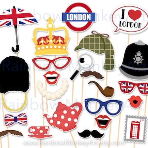 Printable London Photo Booth Props - London Photobooth Props  - London Birthday Photo Booth Props - Union Jack Props