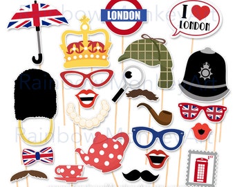 Printable London Photo Booth Props - London Photobooth Props  - London Birthday Photo Booth Props - Union Jack Props