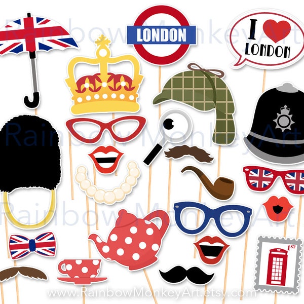 Printable London Photo Booth Props - London Photobooth Props  - London Birthday Photo Booth Props - Union Jack Props