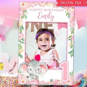 1st Birthday Printable Photo Booth Frame - First Birthday Pink Peony Selfie Photo Booth Frame - Pink Floral 1st Birthday Photo Prop Frame