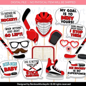 Accesorios para fotomatón de hockey sobre hielo imprimibles - Accesorios para fotomatón de hockey sobre hielo - Accesorios de hockey sobre hielo en rojo, negro y blanco - Evento de hockey sobre hielo - Accesorios de hockey sobre hielo