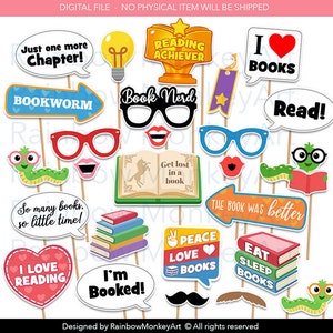 Accessori per Photo Booth della Fiera del Libro - Accessori per Photo Booth "I Love Reading" - Accessori stampabili per libri - Giornata mondiale del libro - Accessori per la Notte dell'Alfabetizzazione