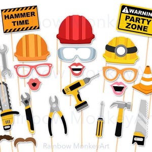May include: A collection of construction-themed photo booth props on sticks, including hard hats, safety goggles, glasses, lips, mustaches, tools like a drill, hammer, saw, wrench, and signs reading HAMMER TIME and WARNING PARTY ZONE.
